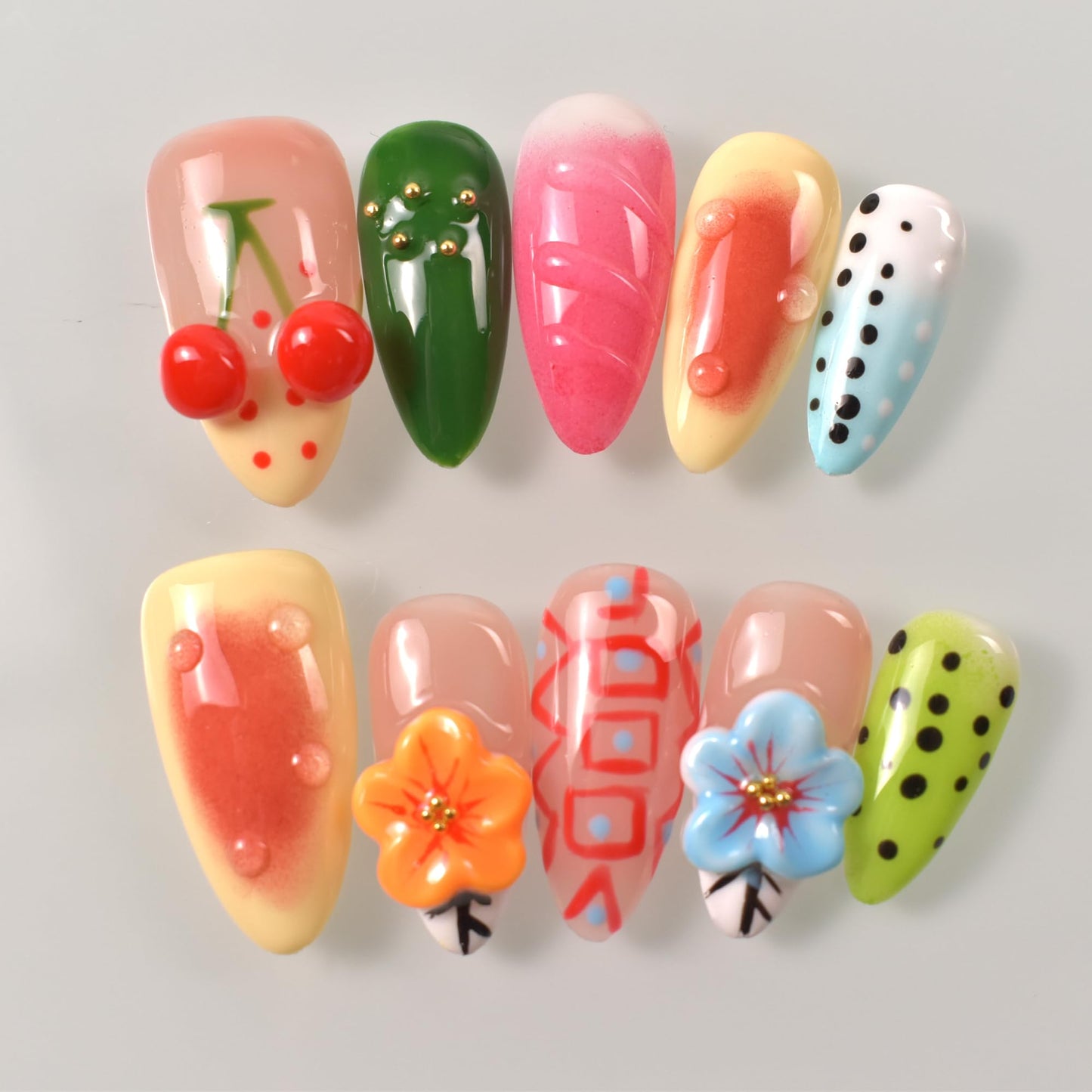 LIFOOST Handmade Press On Nails Almond 3D Hand Painted Flower Fake Nails with Cherry Droplet Designs Reusable Stick On Kit