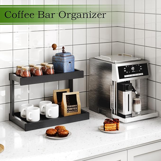 MARTY 2 Tier Spice Rack Organizer for Countertop, 15.8''L Coffee Station/Bathroom Organizer Countertop, Counter Shelf Desktop Storage Organizer for Kitchen, Bedroom, Office (Black)