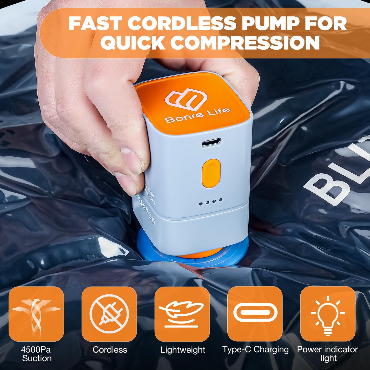 Travel Vacuum Storage Bags with Compact Cordless Pump, 15-Pack Space Saver Vacuum Seal Bags for Clothing & Luggage, Reusable Compression Bags in 3 Carry-On Sizes