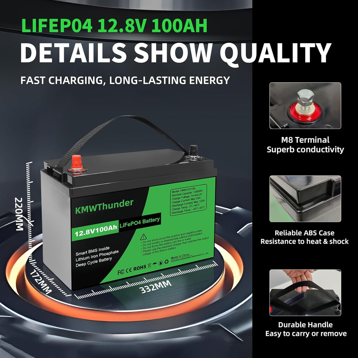 12V 100Ah LiFePO4 Lithium Battery, Built-in Smart BMS, Low Temperature Protection Group 24 Deep Cycle Battery for Trolling Motor, RV, Solar, Marine, Camping and Off Grid Applications