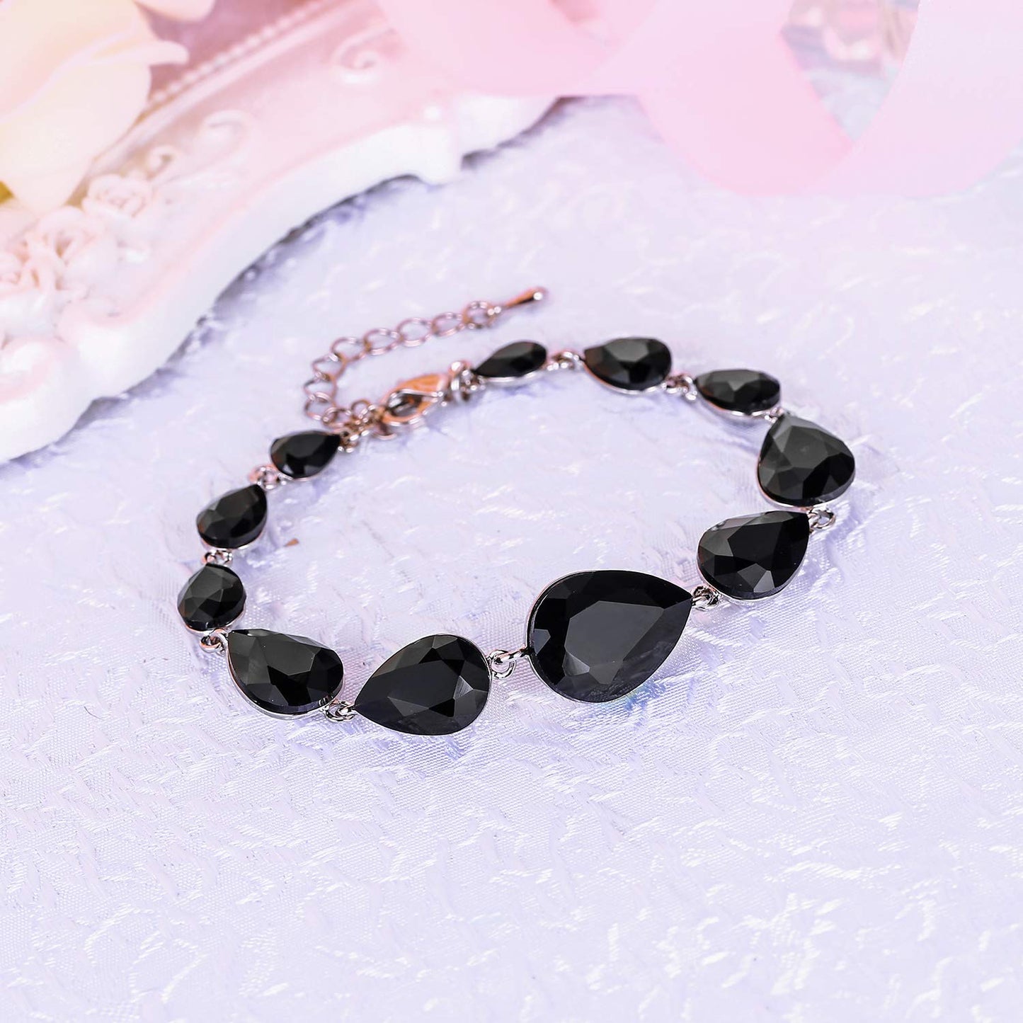 BriLove Wedding Bridal Bracelet for Women Shiny Bling Crystal Multi Teardrop for Party Prom Black Silver-Tone