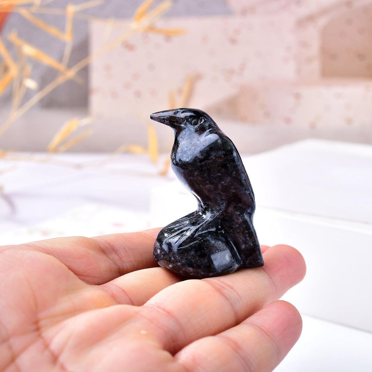 WUYOUSHI Natural Flame Stone Crystal Raven Statue 2" Healing Crystal Handmade Sculpture Guardian Pocket Statues Reiki Meditation Office Home Decoration Gift