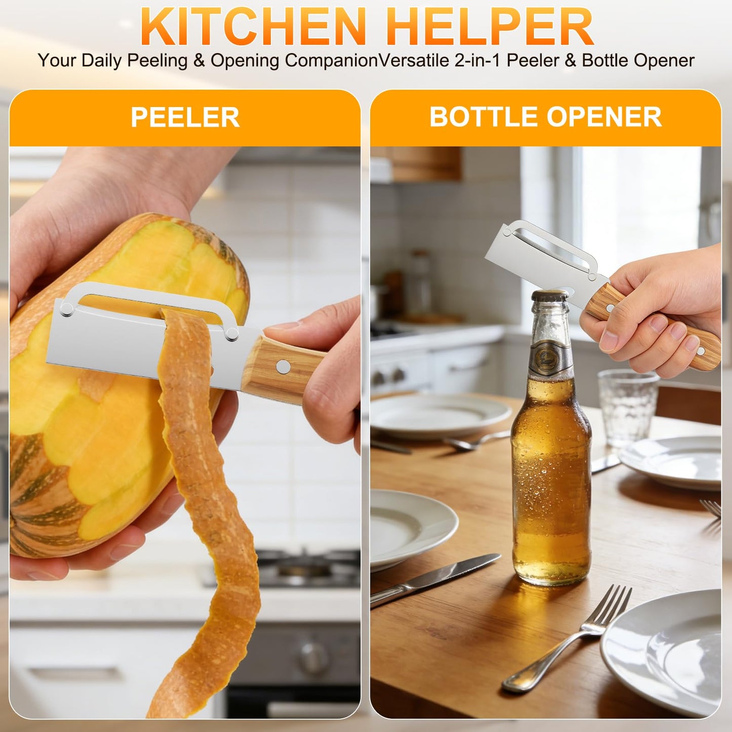 Multi-Functional Vegetable Peeler for Kitchen, with Wooden Handle and Bottle Opener, 2-in-1 Stainless Steel Blade Kitchen Tool for Fruit Apple Potato Pumpkin Papaya(2pcs)