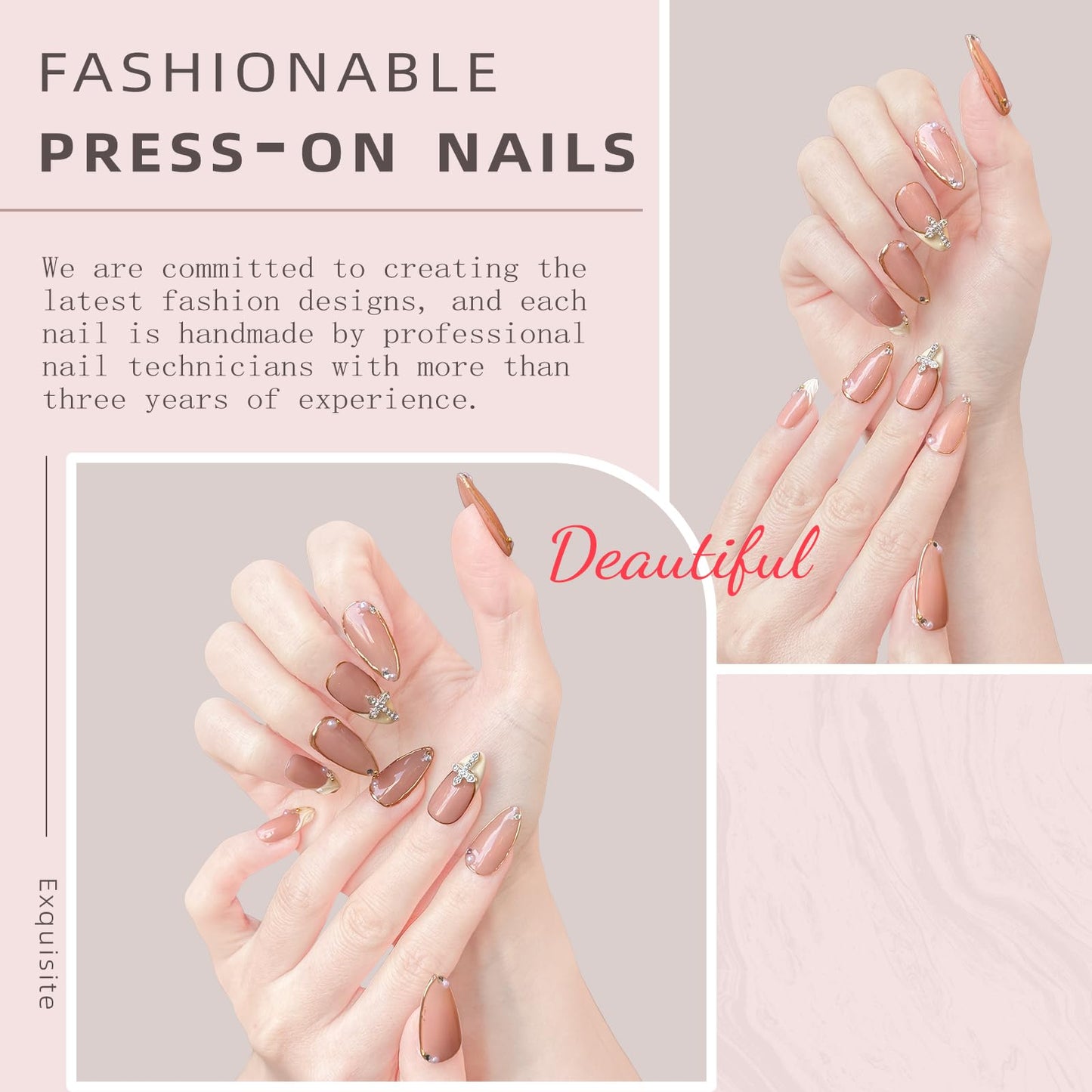 Luxury Handmade false nails，3D Gold French Cross Press-On Nails – Medium Almond Shape False Nails with Rhinestone Embellishments, Elegant Reusable Stick-On Nails(10PCS-S)