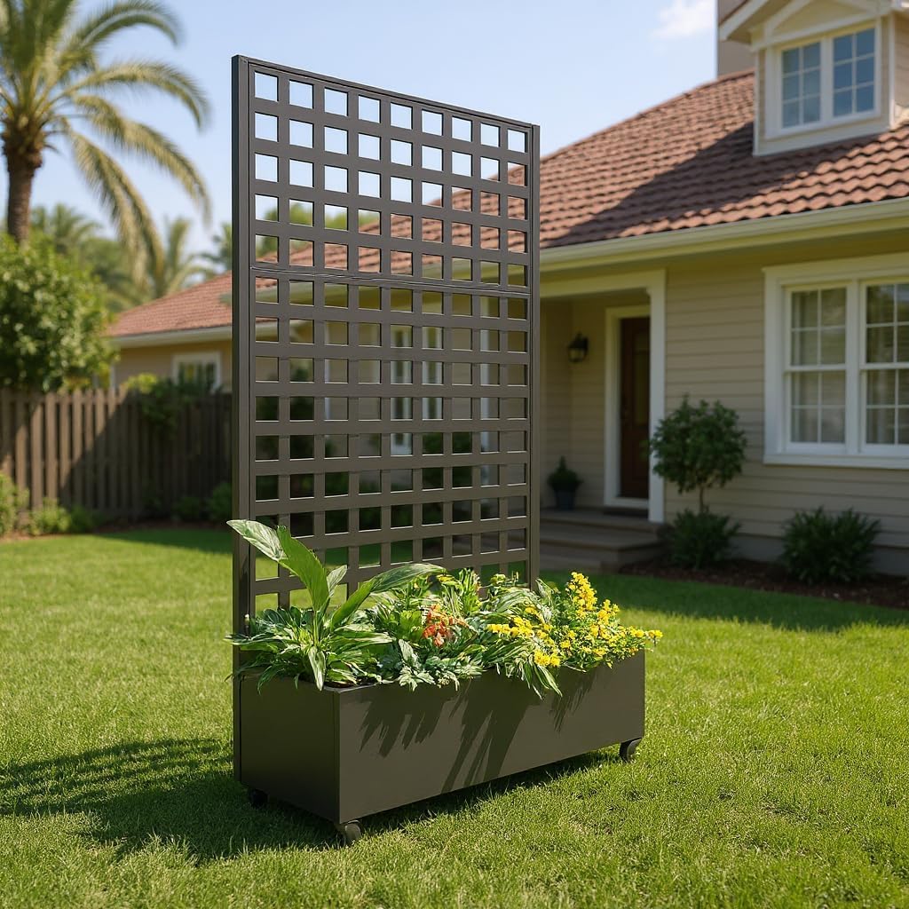 GAOMON Metal Planter Box with Square Lattice Trellis & Wheels, Raised Garden Bed w/Privacy Screen & Drainage Hole for Climbing Plants, Flower & Vine (72 in x35 in Black)