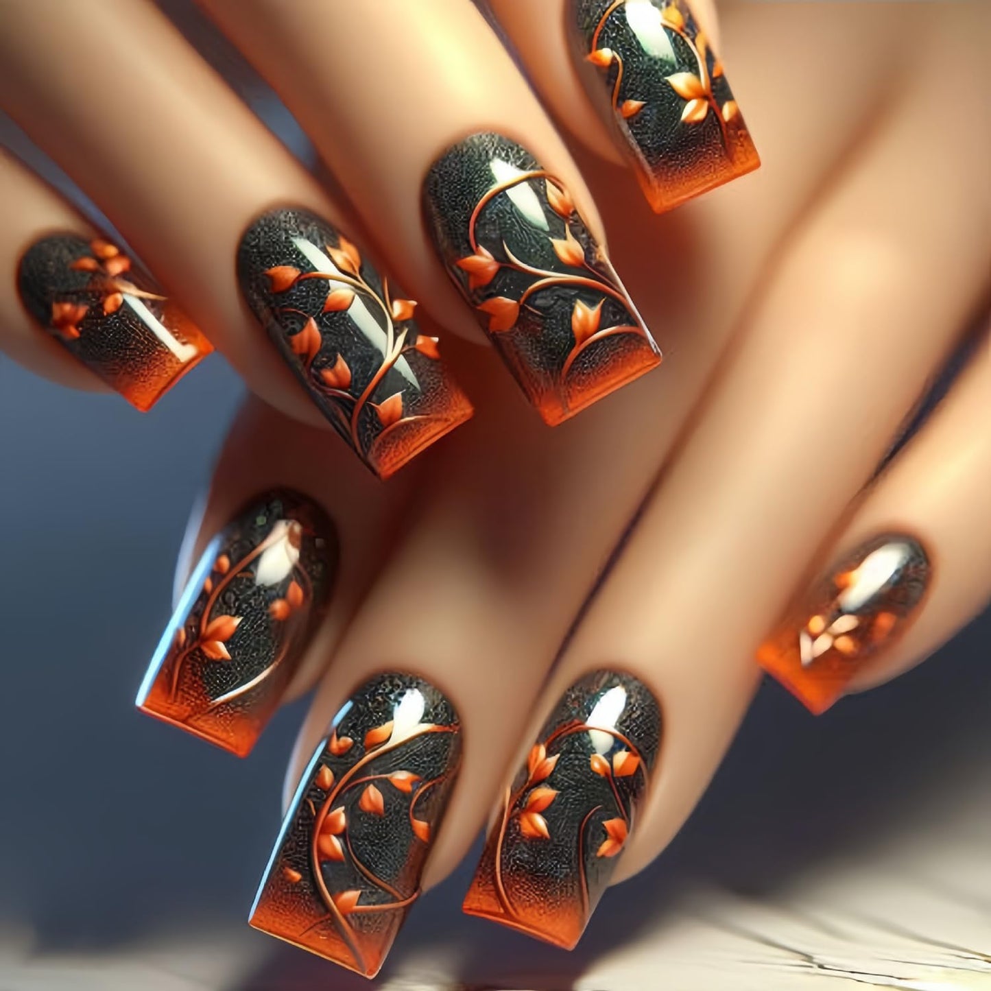 Flower Press on Nails Medium Square Nails Brown Floral Pattern Design False Nails Full Cover Glossy Stick on Nails Artificial Acrylic Nails Glitter Nails 24Pcs Reusable Glue on Nails for Women
