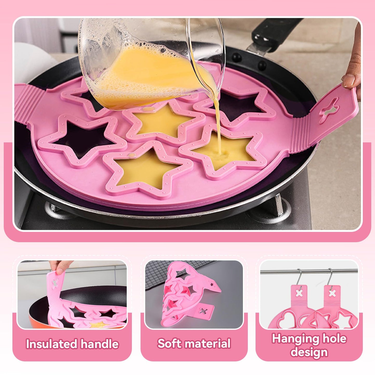 2PCS Pancake Maker Mold, 7 Cavity Star/Heart Shape Nonstick Reusable Silicone Egg Mold Ring with Handle Kitchen Cooking Baking Tools for Muffin Fried Egg Burger