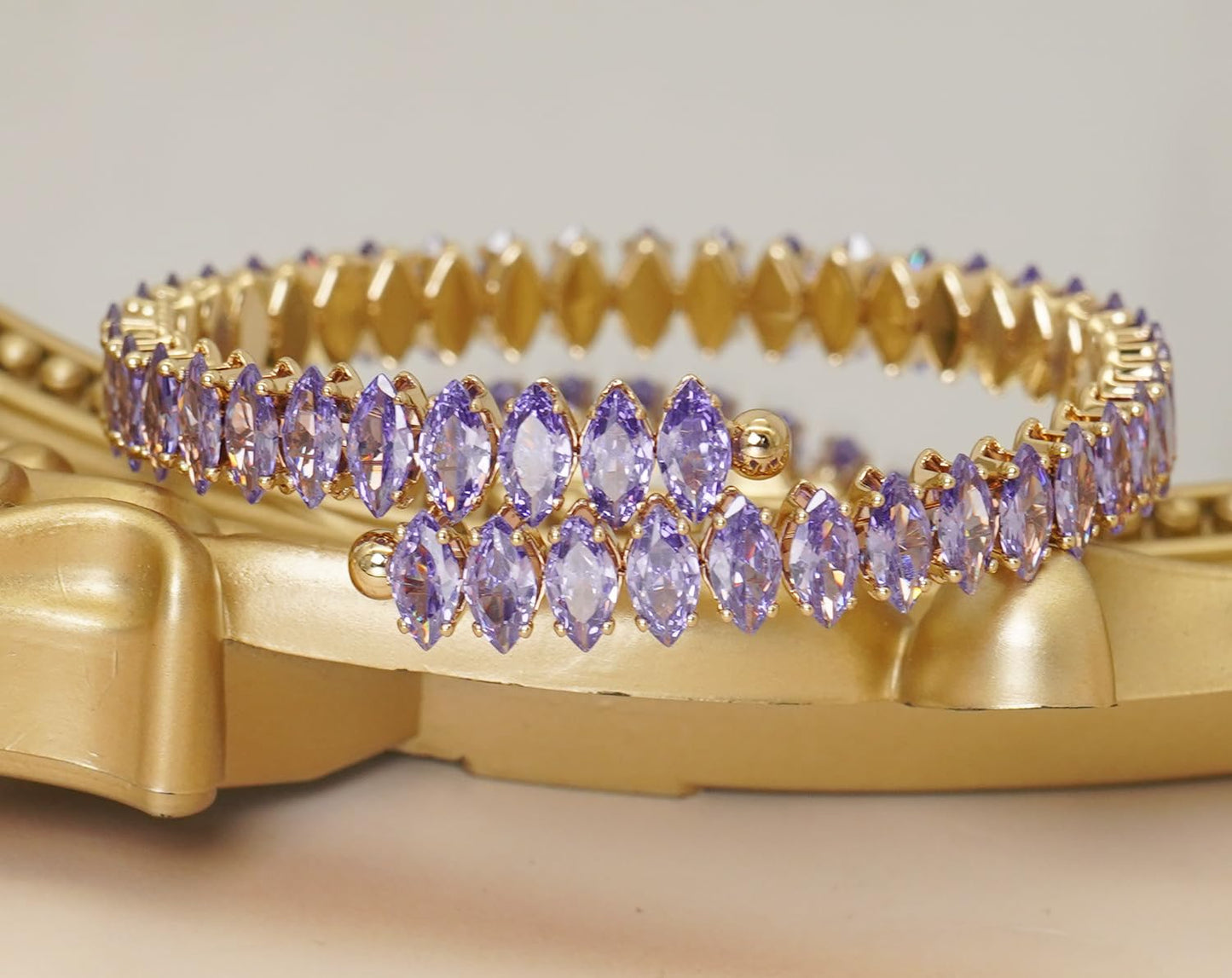 Wovanoo Rhinestone Cuff Bracelet Cubic Zirconia Tennis Bracelets Open Adjustable Elastic Bangle for Women Gold Purple