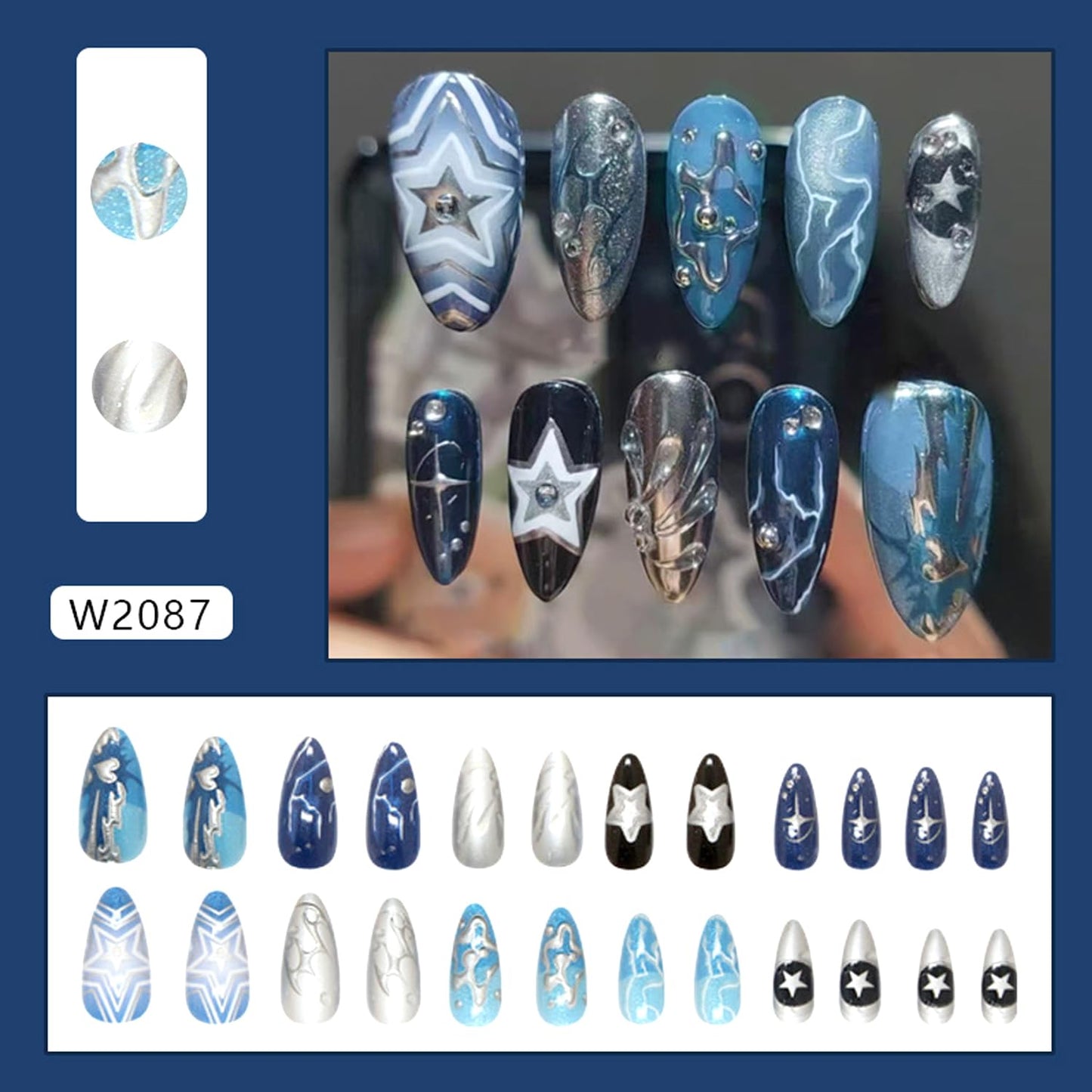 24Pcs Dark Blue Press on Nails Medium Almond Fake Nails with 3D Ripple Irregular Silver Line Star Design Glossy French Nails Tip Stick on Nails Full Cover Artificial Glue on on Nails for Women