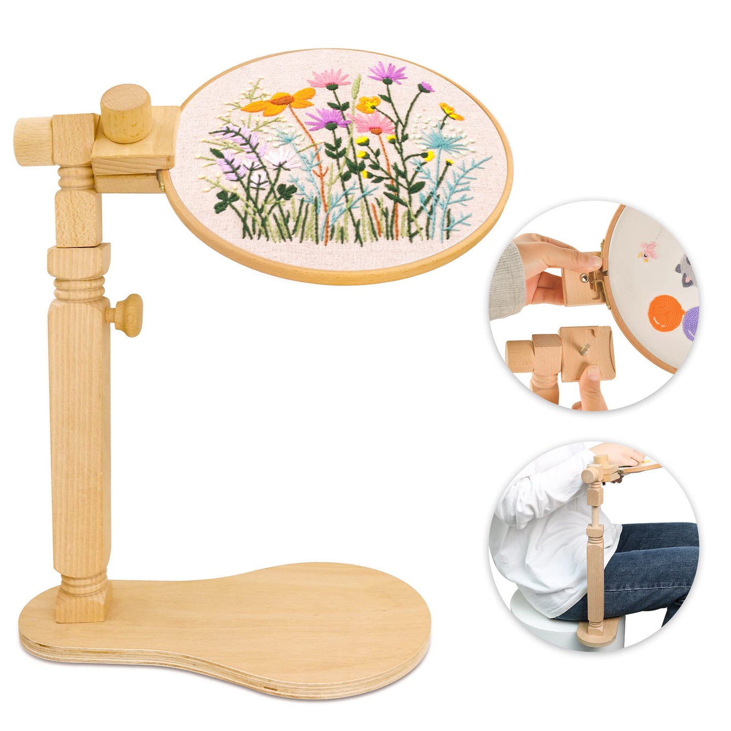 Adjustable Embroidery Hoop Stand Cross Stitch Stand Lap, Beech Wood Embroidery Hoop Holder Frame, Rotated Needlepoint Frame Stand for Art Craft Sewing Needlework Projects
