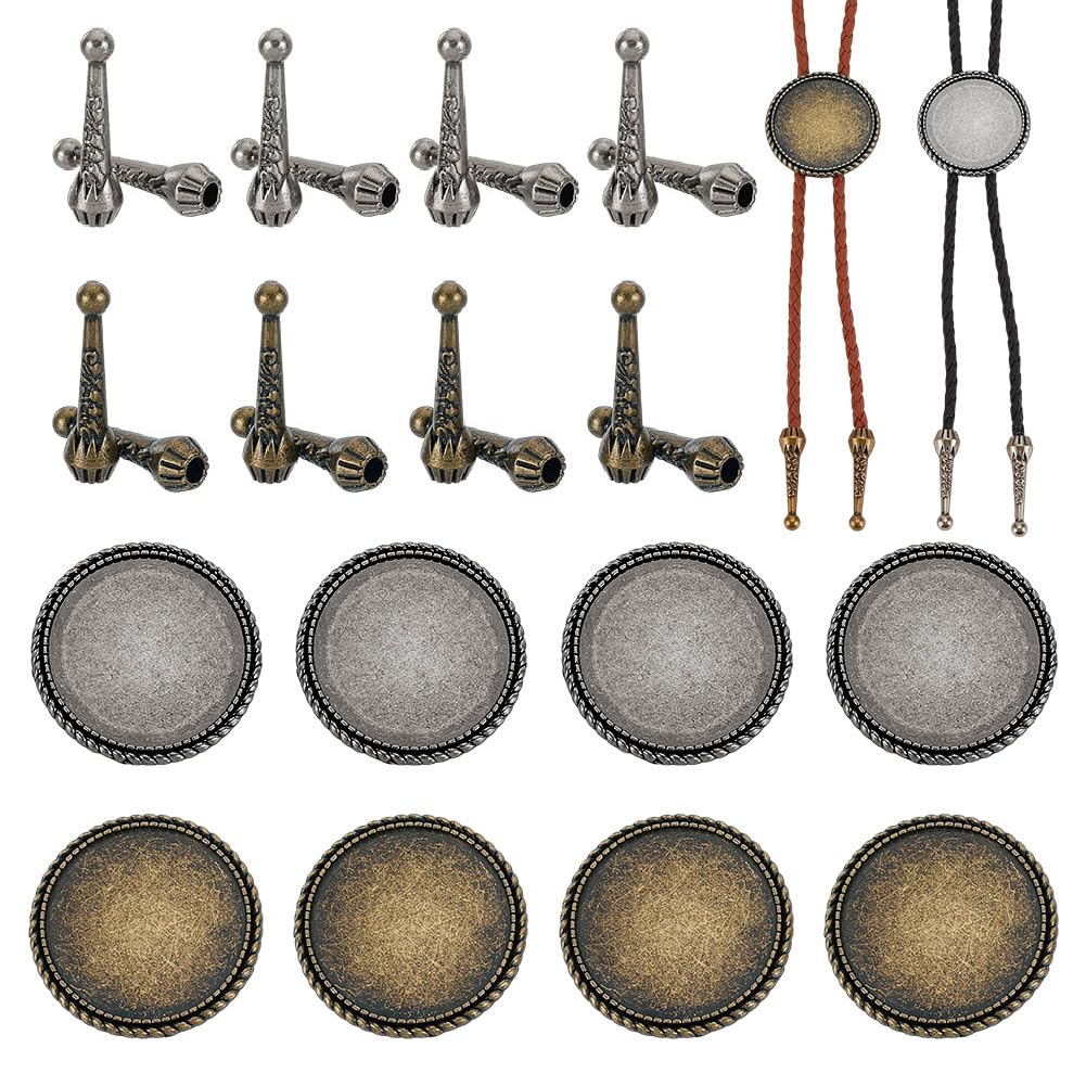 AHANDMAKER 2 Colors Bolo Tie Making Kits, 16pcs 1.28Inch Long Alloy Bolo Tie Tips Replacement End Caps, 8pcs Bolo Tie Slide Clasp Cabochon Settings, Bolo Necklace Replacement Kit for Bolo Tie Making
