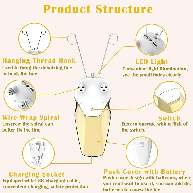 Gold Facial Threading Hair Removal Electric Women's, USB Rechargeable Electric Hair Removal Device for Women, Threading Face Epilator for Fine Hairs on Face, Chin, Upper Lip, Arms