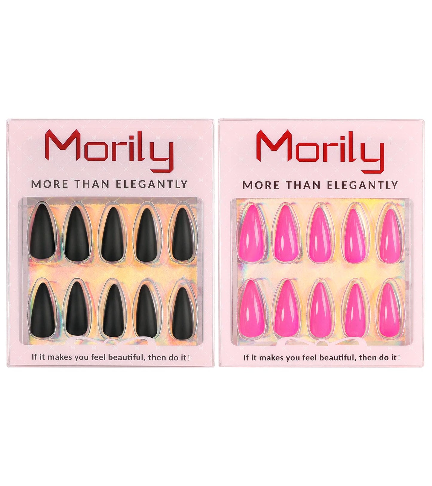 Morily Press-On Nails Bundle | Black Stiletto Matte & Hot Pink Stiletto Glossy | 24Pcs Each Set, Medium Length Long False Fake Nails