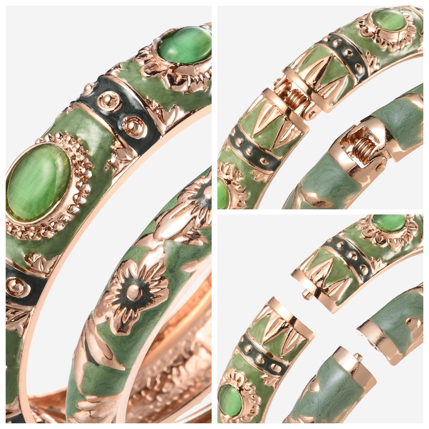 UJOY Vintage Cloisonne Jewelry Bracelet Gold Plated Handmade Bead Rhinestones Enamel Spring Cuff Bangles 2 Pcs Set for Womens Gift 7735-55A103 green