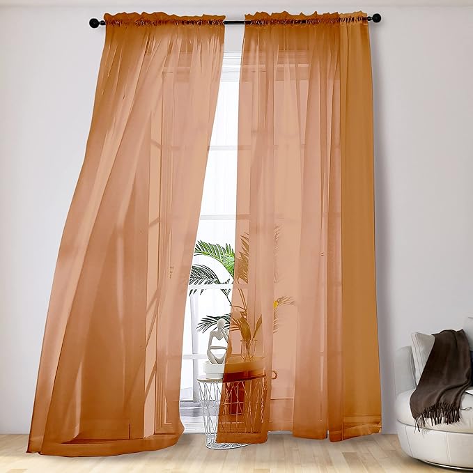 OVZME Orange Sheer Curtains 108 Inches Long, Light Filtering Semi Transparent Lightweight Voile Rod Pocket Window Curtains for Bedroom, Living Room, W42 x L108, Set of 2 Drape Panels