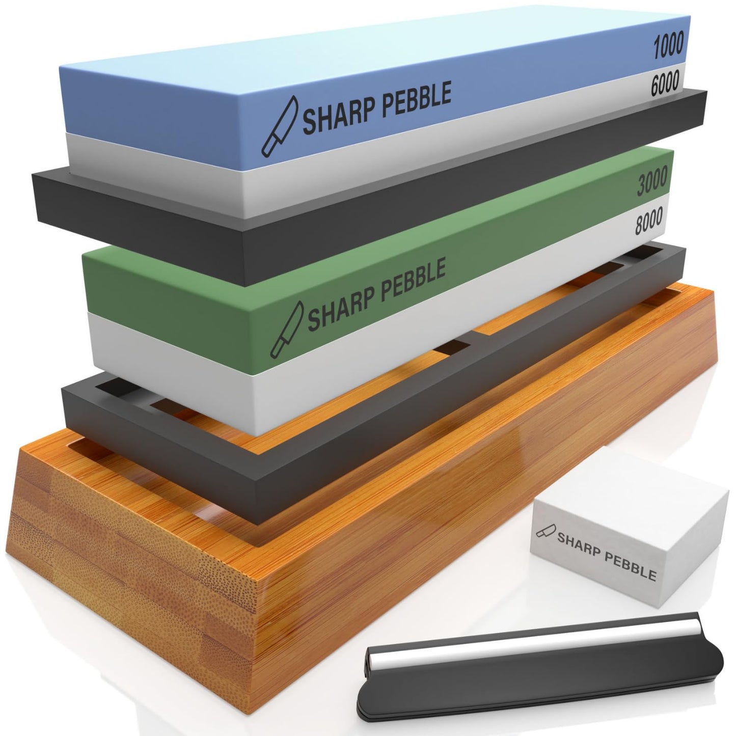 Sharp Pebble Knife Sharpening Stones Kit with 1000/6000 and 3000/8000 Grit with Flattening Stone & Angle Guide
