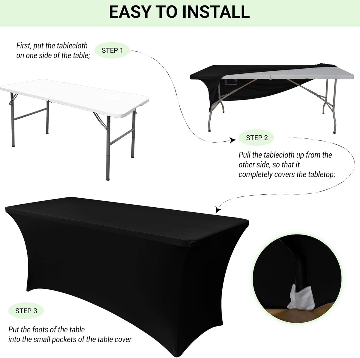 Obstal 8Ft Stretch White Spandex Table Cover for Standard Folding Tables - 2 Pack Universal Rectangular Fitted Tablecloth for Party, Banquet, Events, Trade Show (White, 96L x 30W x 30H Inches)