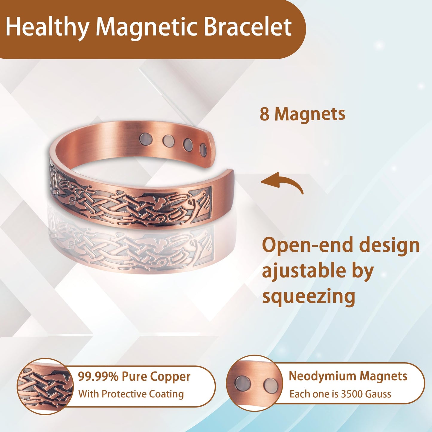 EnerCoppeX Copper Magnetic Bracelet for Women - Detox Jewelry with 3500 Gauss Magnet, Adjustable Cuff Bangle (K)