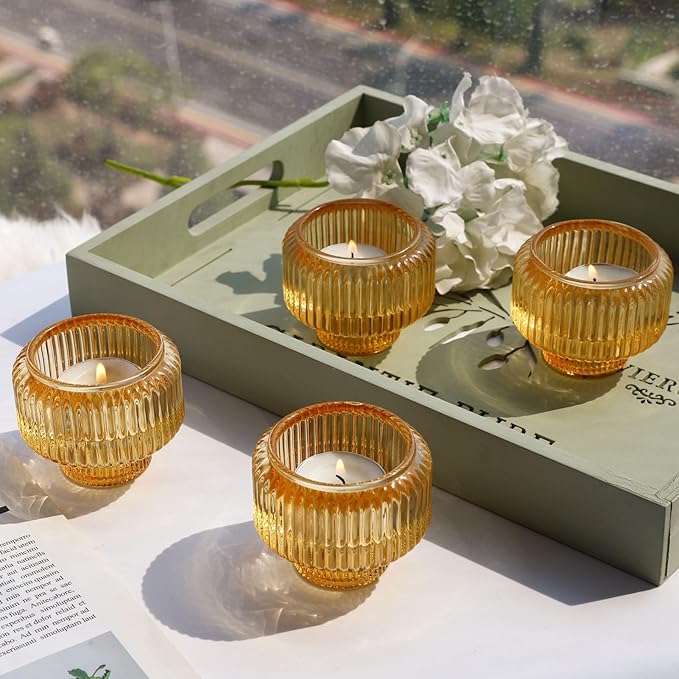 Woho Gold Candle Stick Candle Holder Set of 8, Votive Candle Holders for Wedding Party Table, Ribbed Glass Taper Candle Holders for Birthday Christmas Decor
