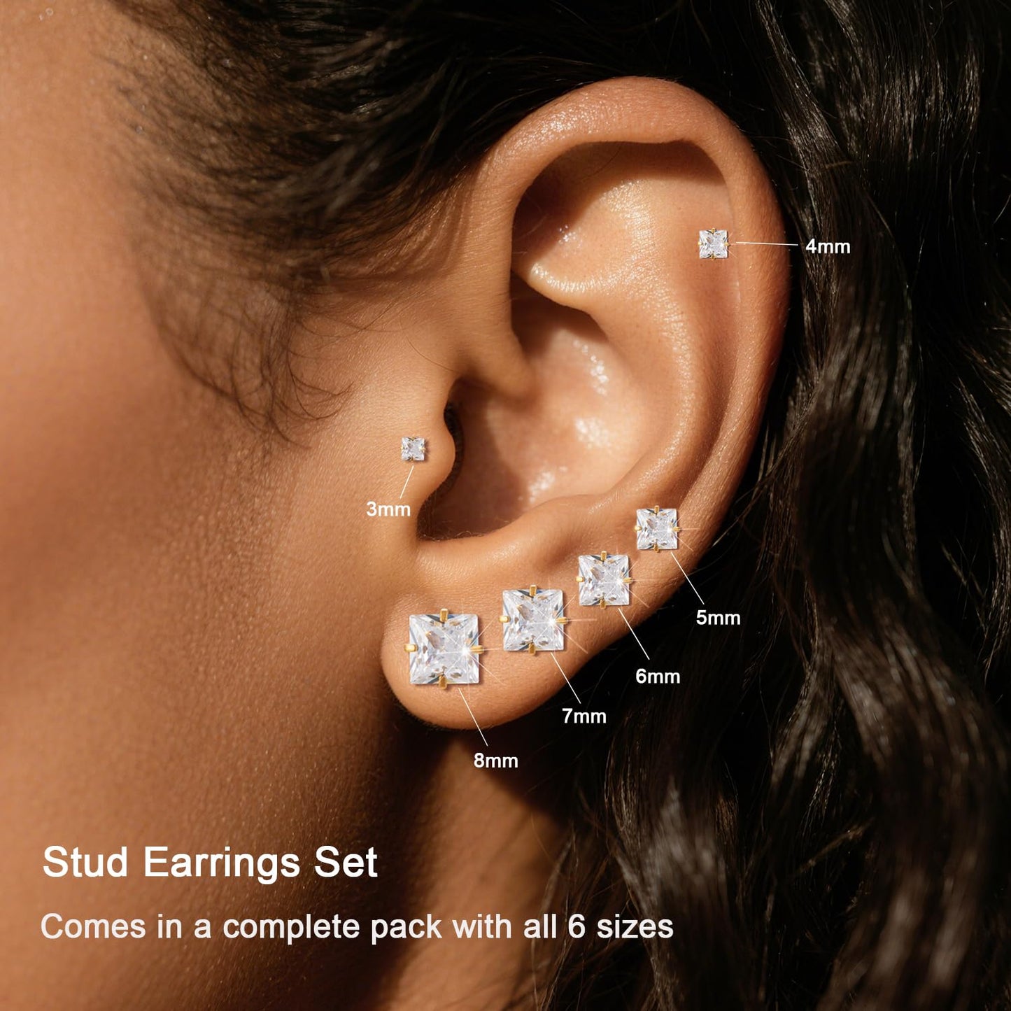 6 Pairs Square Earrings, Princess Cut Earrings Set for Men Women, Hypoallergenic 14K Gold Plated Surgical Steel Clear Cubic Zirconia Stud Earrings for Multiple Piercing Sensitive Ears CZ Size 3-8mm