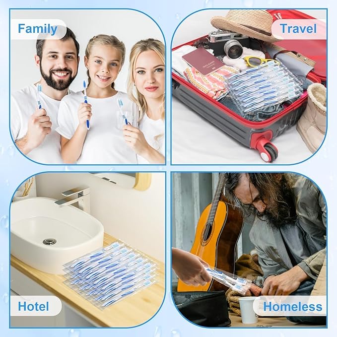 Pre Pasted Disposable Toothbrushes Individually Wrapped | Regular Size Head, Soft Bristle Hygienic & Economical | Great for Travel Camping Guestroom Car Office School Hotel Airbnb Gifts (72 Pack)