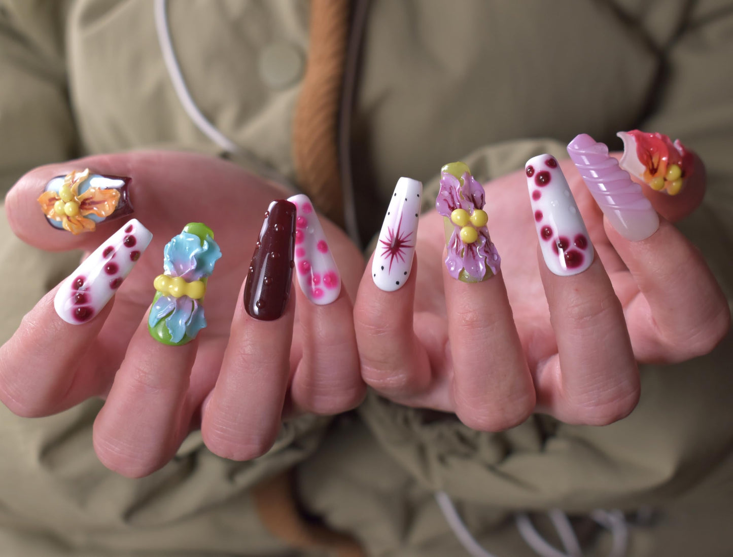LIFOOST Handmade Press On Nails Long Multicolor 3D Carving Flowers Design 10pcs Hand painted Smudging Glue On Acrylic Fake Nails