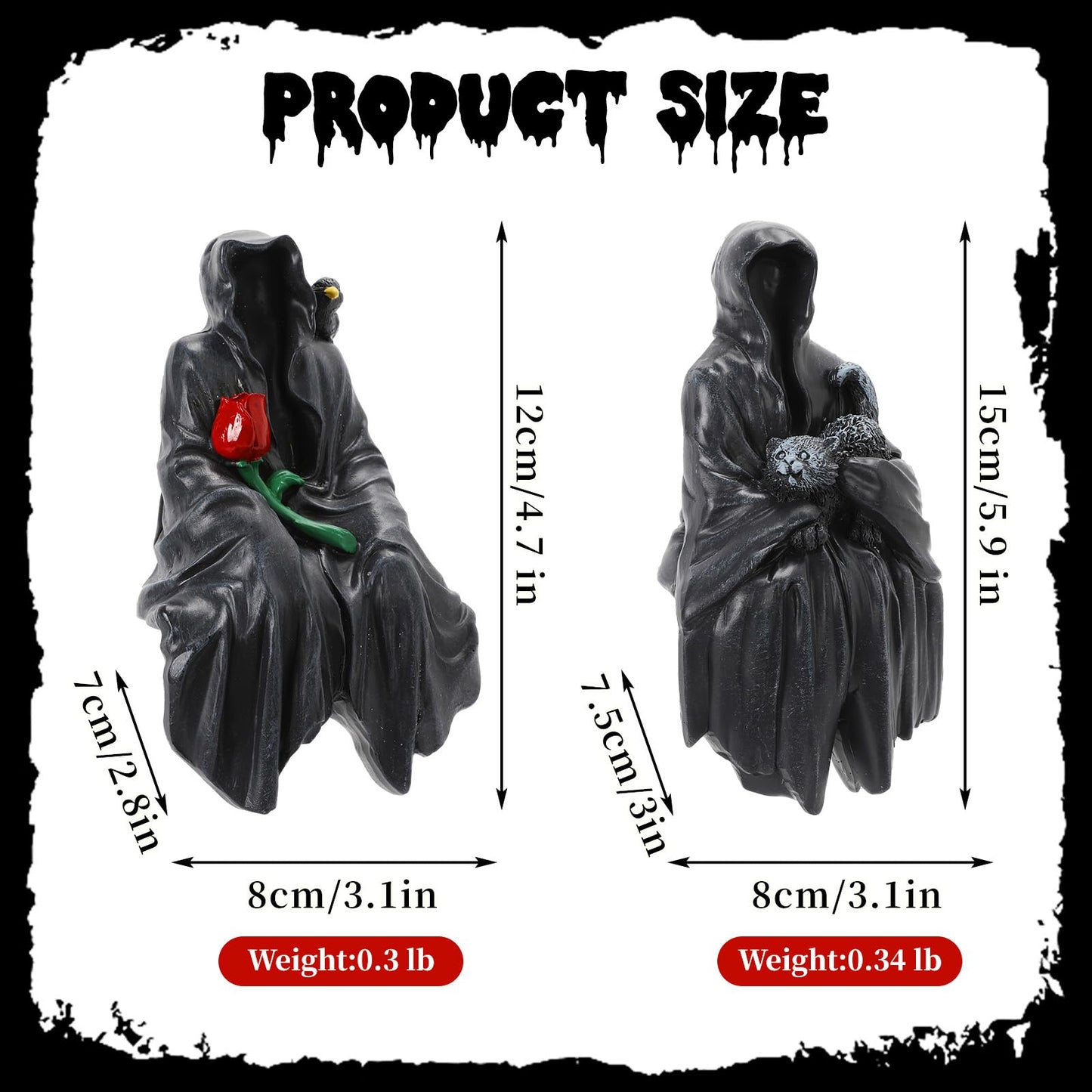 YYPLIAN 2 PCS Grim Reaper Statue Gothic Faceless Figure Decor Sitting Statue with Rose and Cat for Halloween Home Tabletop Bookshelf Figure Decor