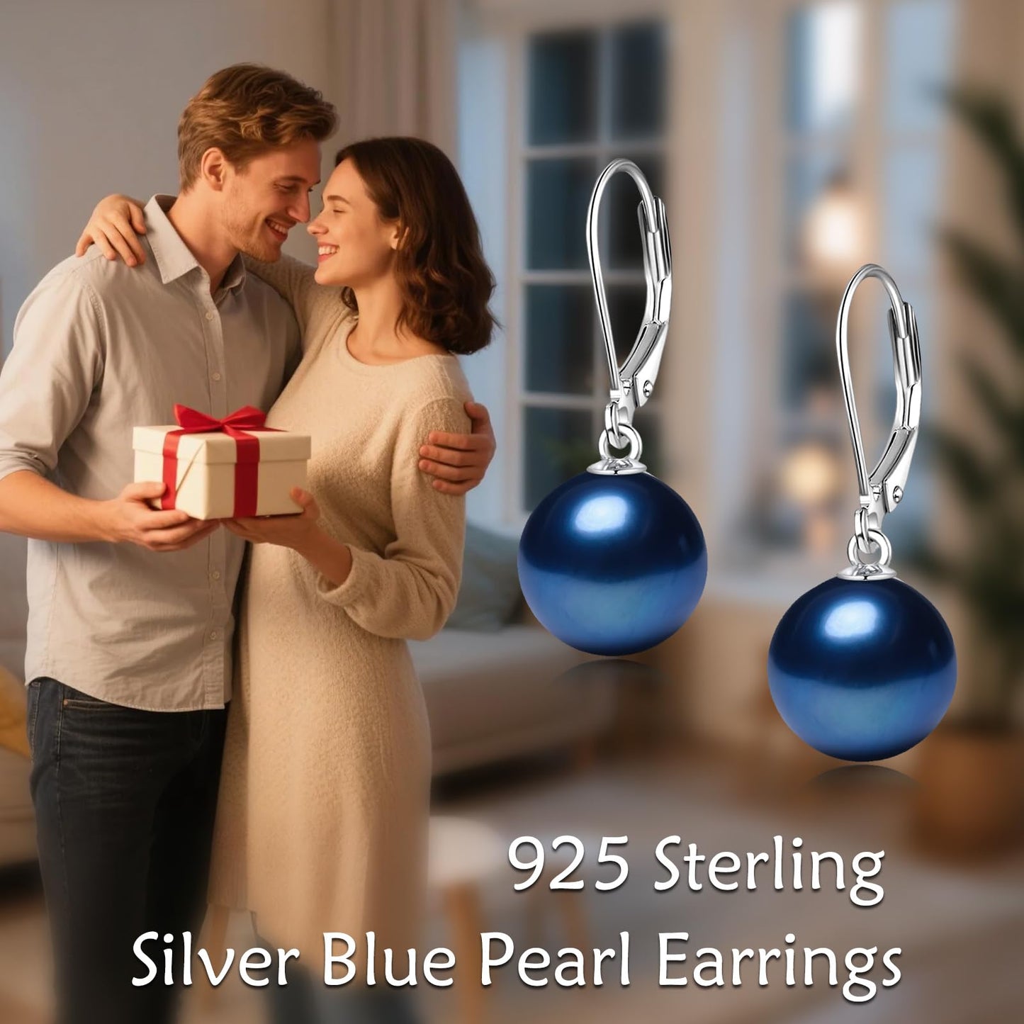 925 Sterling Silver Navy Blue Pearl Leverback Earrings Dangle Drop Jewelry Gifts for Women (Navy Blue Pearl)