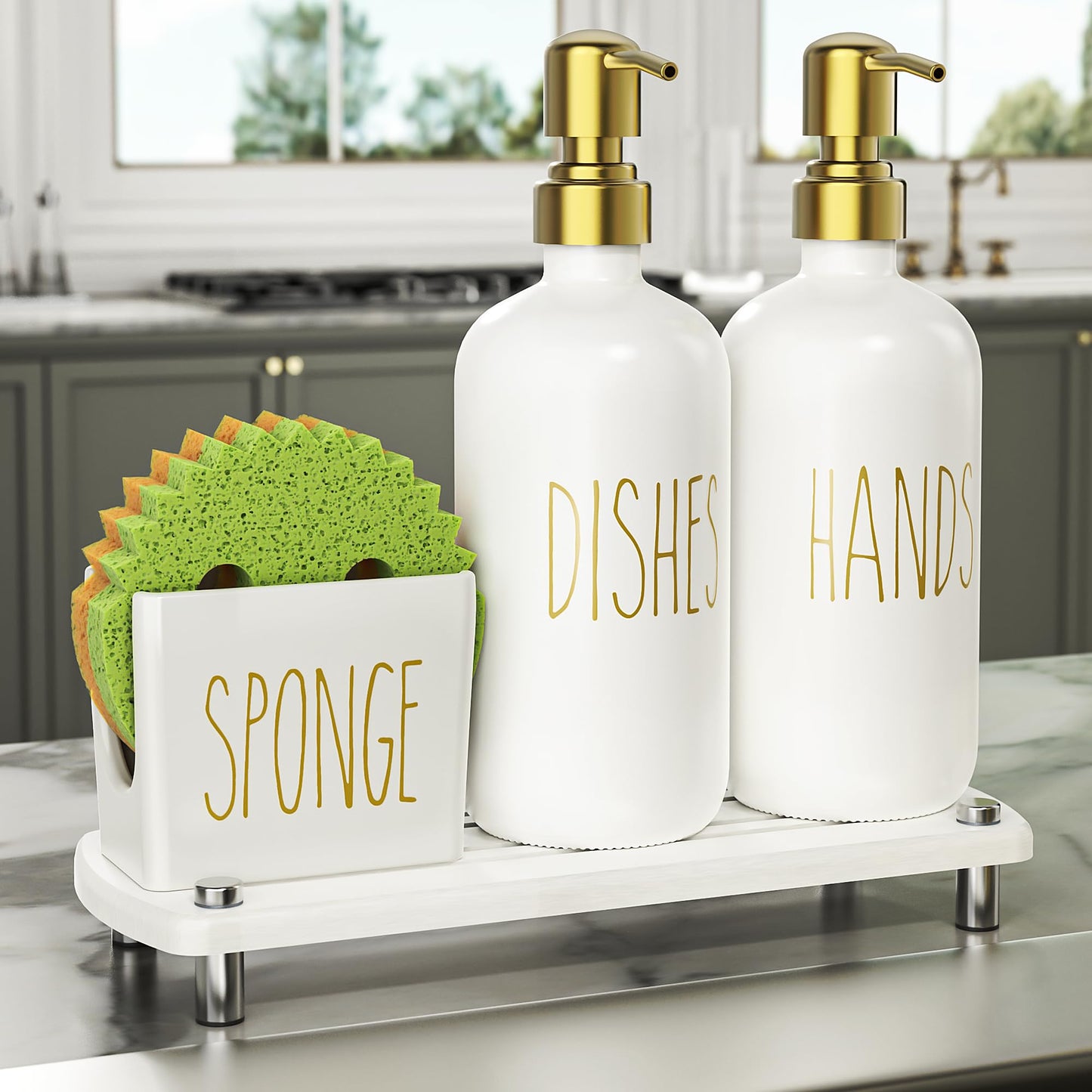 Cisily Kitchen Soap Dispenser Set Comes with Ceramics Sponge Holder, Gold Pumps, and Instant Dry Tray, Hand and Dish Soap Dispenser Set (4, Gold + White + Sponge Holder)