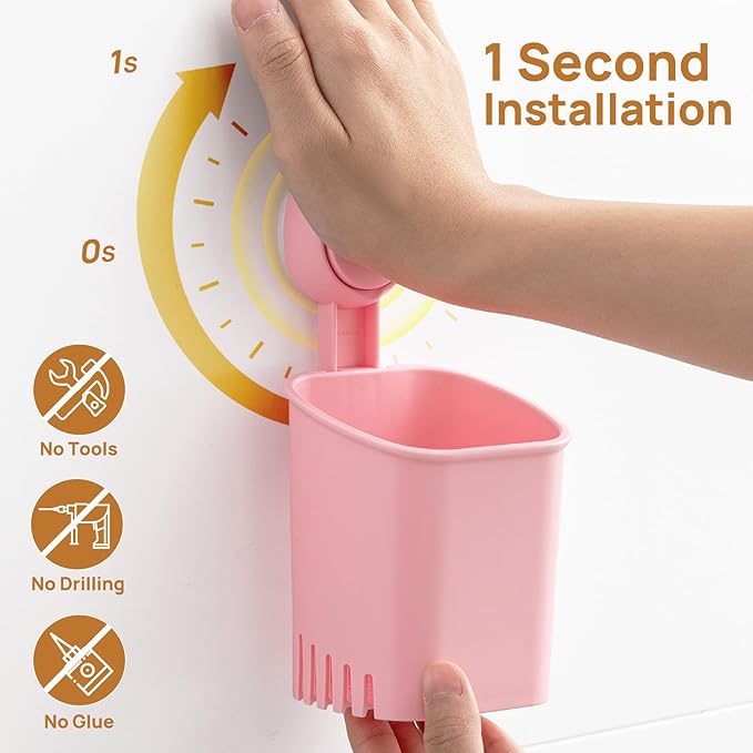 LEVERLOC Powerful Suction Cup Toothbrush Holder, Drill-Free Wall Shower Holder for Toothbrush, Toothpaste, Razor, Self-draining Kitchen Tableware Organizer, Removable Suction Cup in Shower, Pink