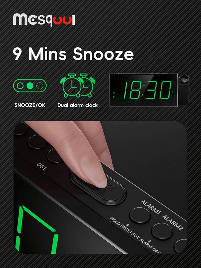 Mesqool Digital Projection Alarm Clock with Dual Alarms, 5 Levels Dimmer
