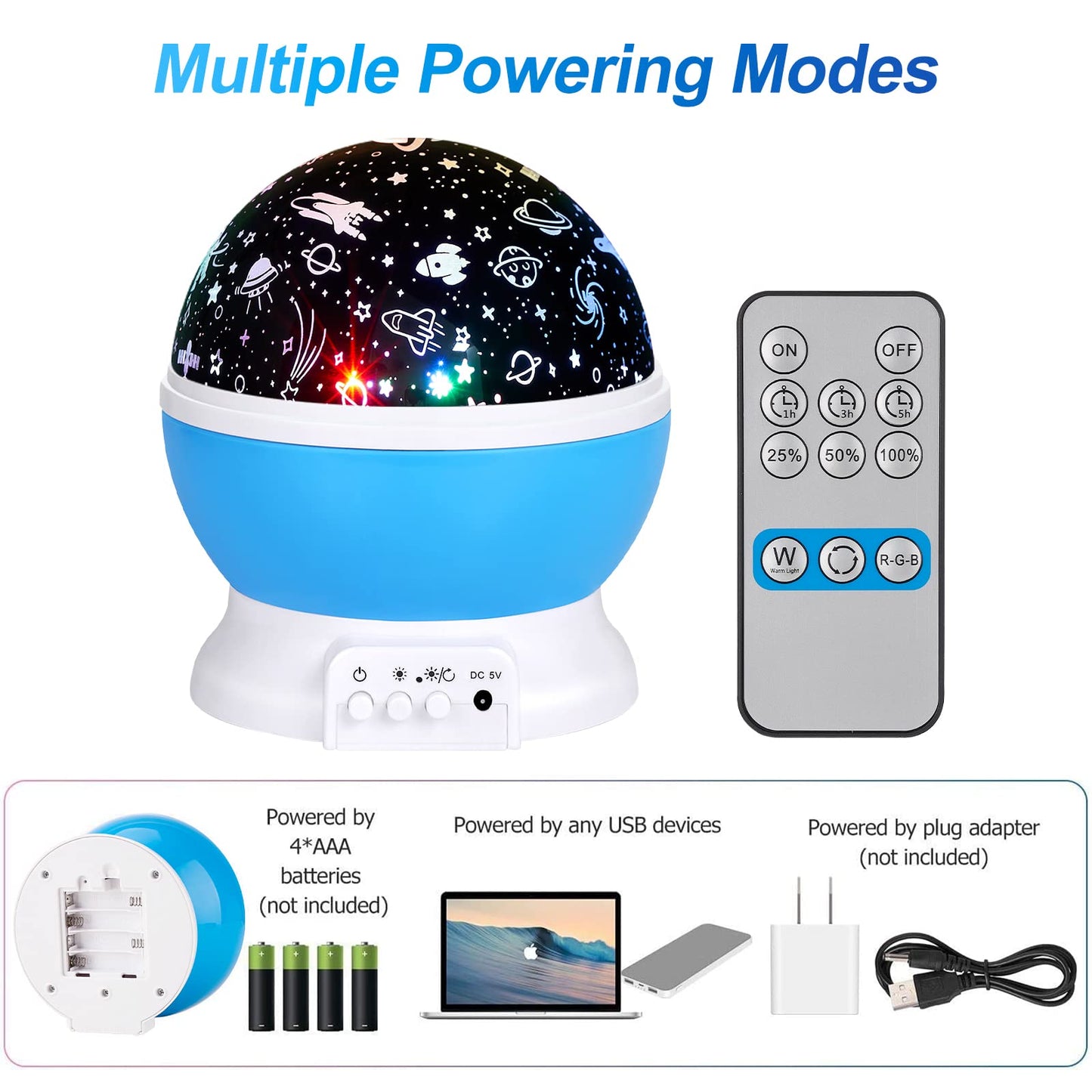 Christmas Baby Night Lights with Remote Control,Moon Projector 360 Degree Rotation - 4 LED Bulbs 8 Color Changing Light, Romantic Night Lighting Blue