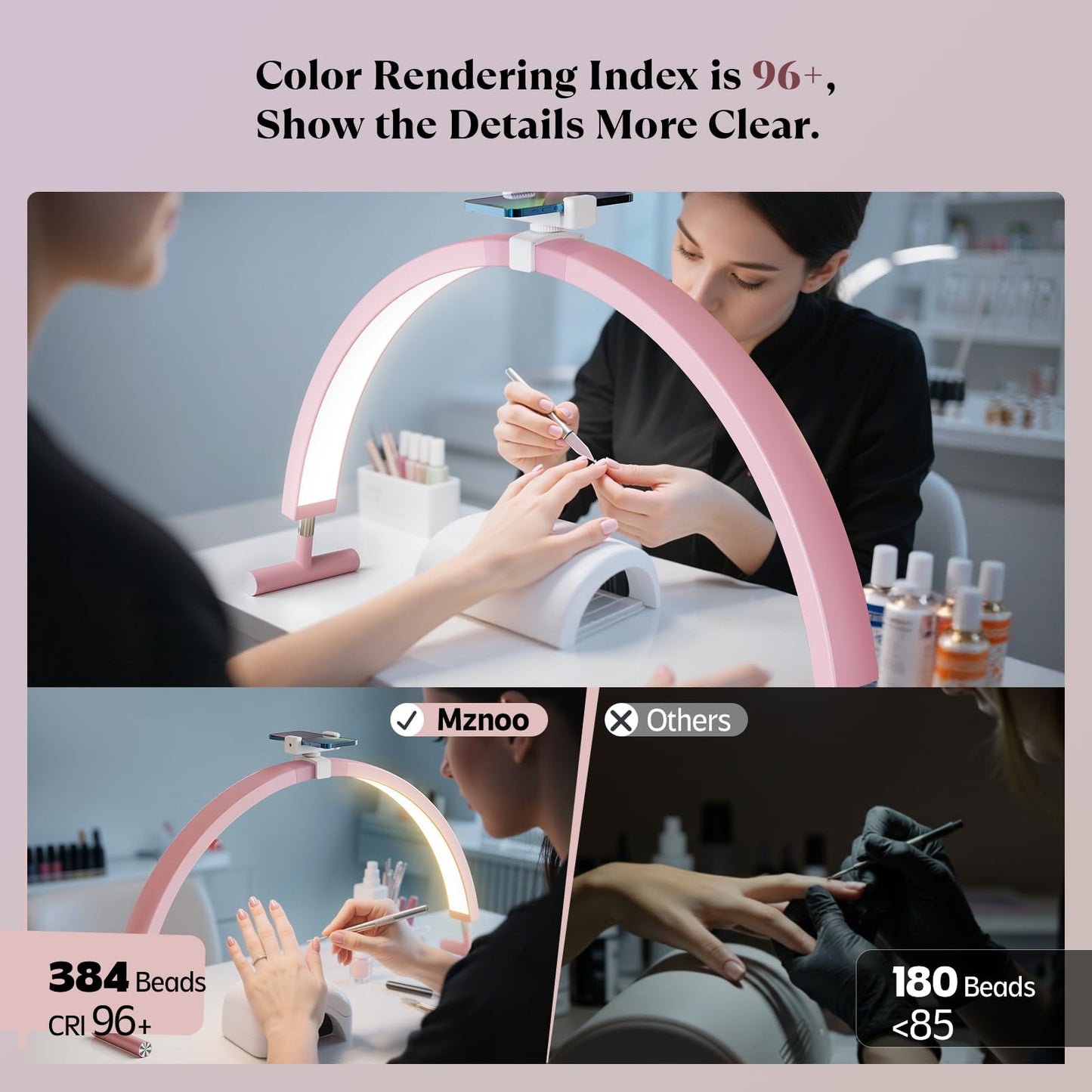 Mznoo Half Moon Light for Nail Desk, 30'' Large Half Moon Desk Lamp with Phone Holder, Professional Nail Tech Light with 3 Color Modes and 5 Brightness for Manicure Salon and Handicraft (Pink)