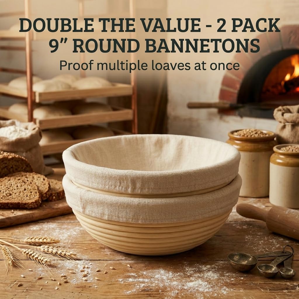 Saint Germain Bakery Premium Round Bread Banneton Basket with Liner (Set of 2 9" Round Baskets)