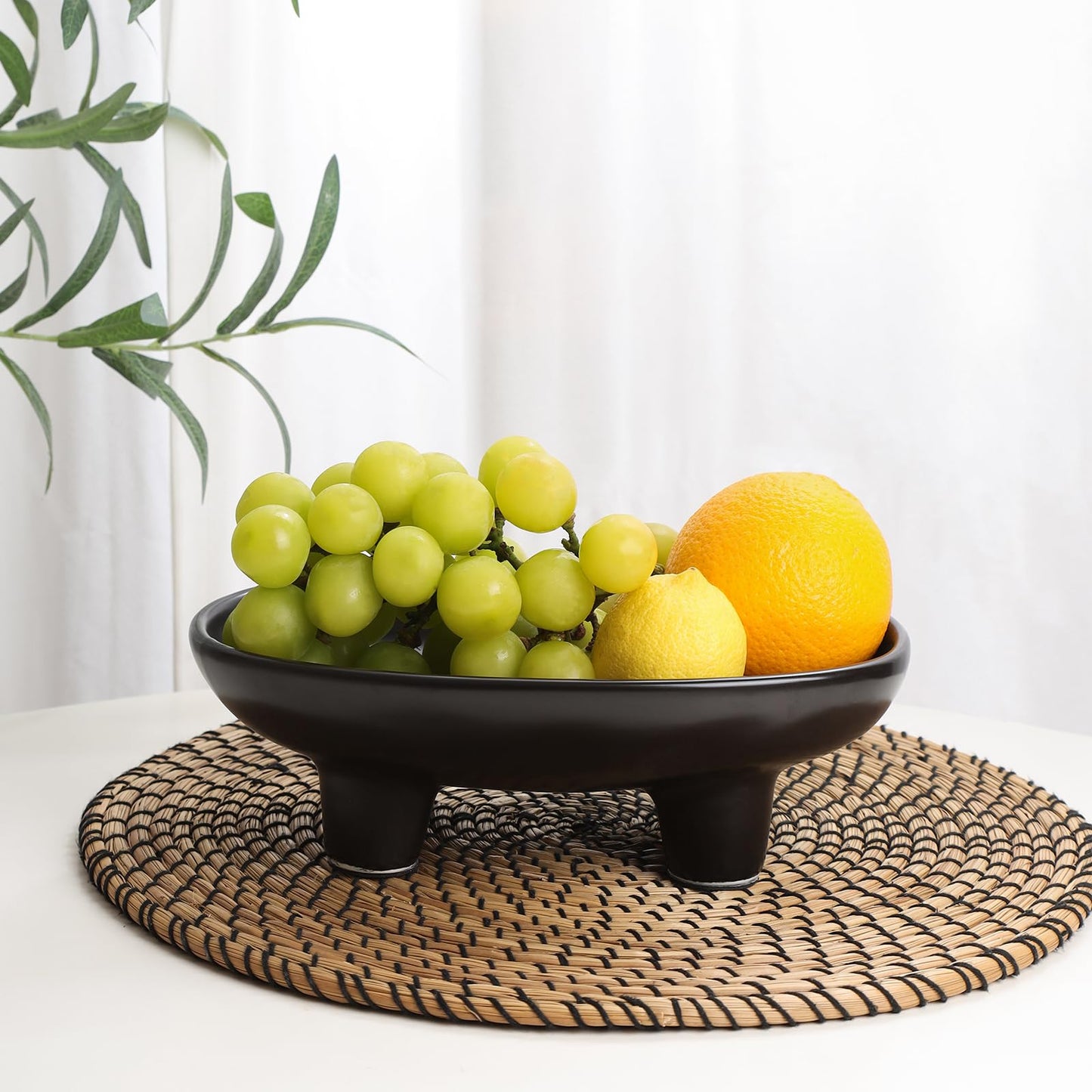 Sureasy 10 Inch Ceramic Fruit Bowl for Kitchen Counter, Decorative Bowl for Home Décor, Modern Pedestal Bowl with 4-Legs, Oval Footed Bowls, Fruit and Vegetable Holder Countertop, Black