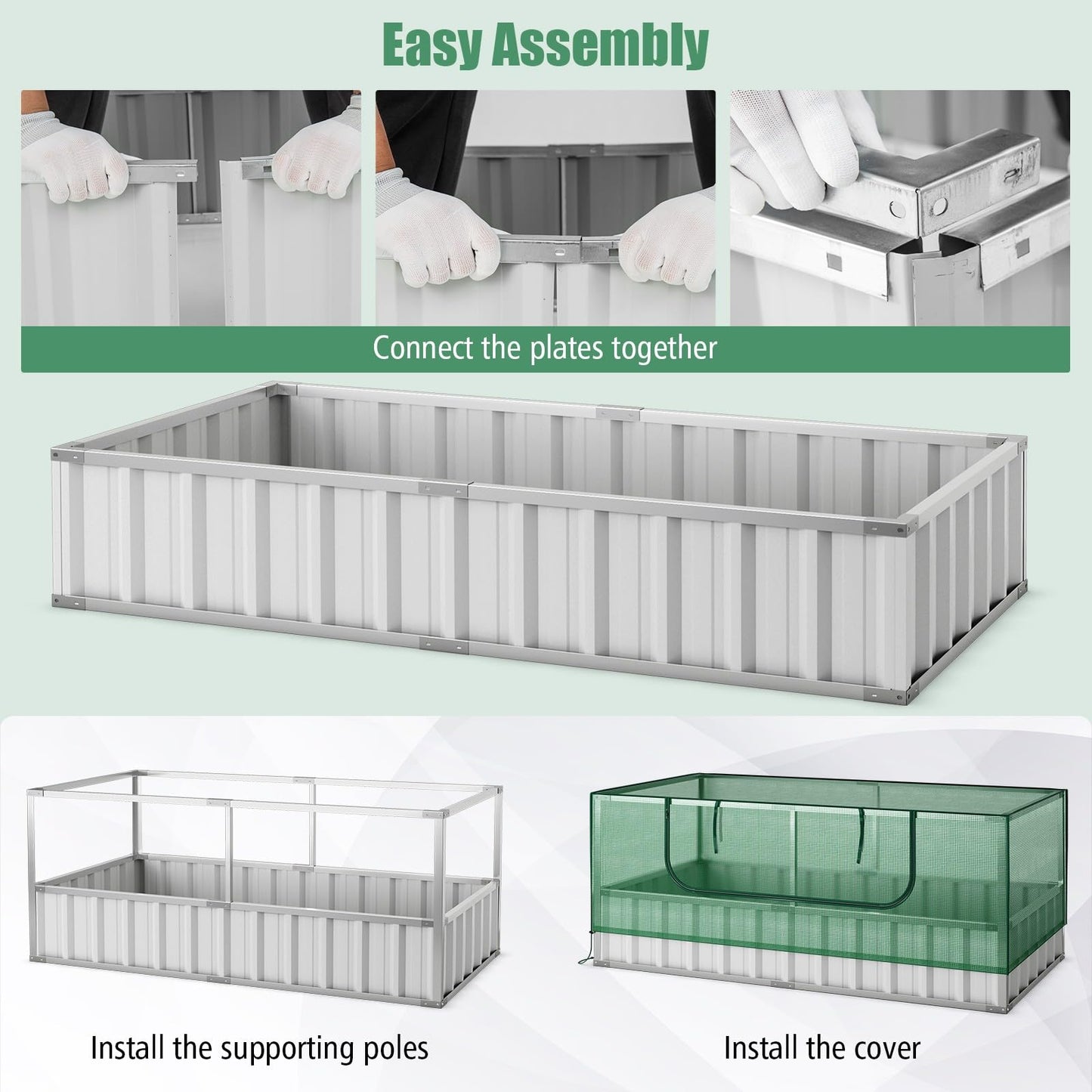 69" x 36" x 28" Galvanized Raised Garden Bed w/ Cover Roll-up Window PE Cover Greenhouse