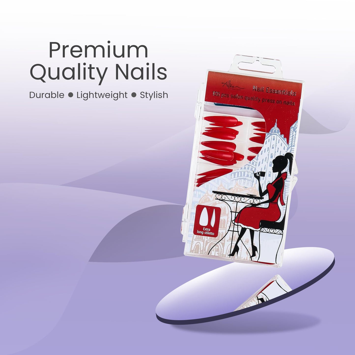 Allkem Press On Nails - Hot Red Glossy Extra Long Stiletto Sculpted Multipack | 10 sizes - 100 pcs False Nails Full Cover Nail Kit with Glue