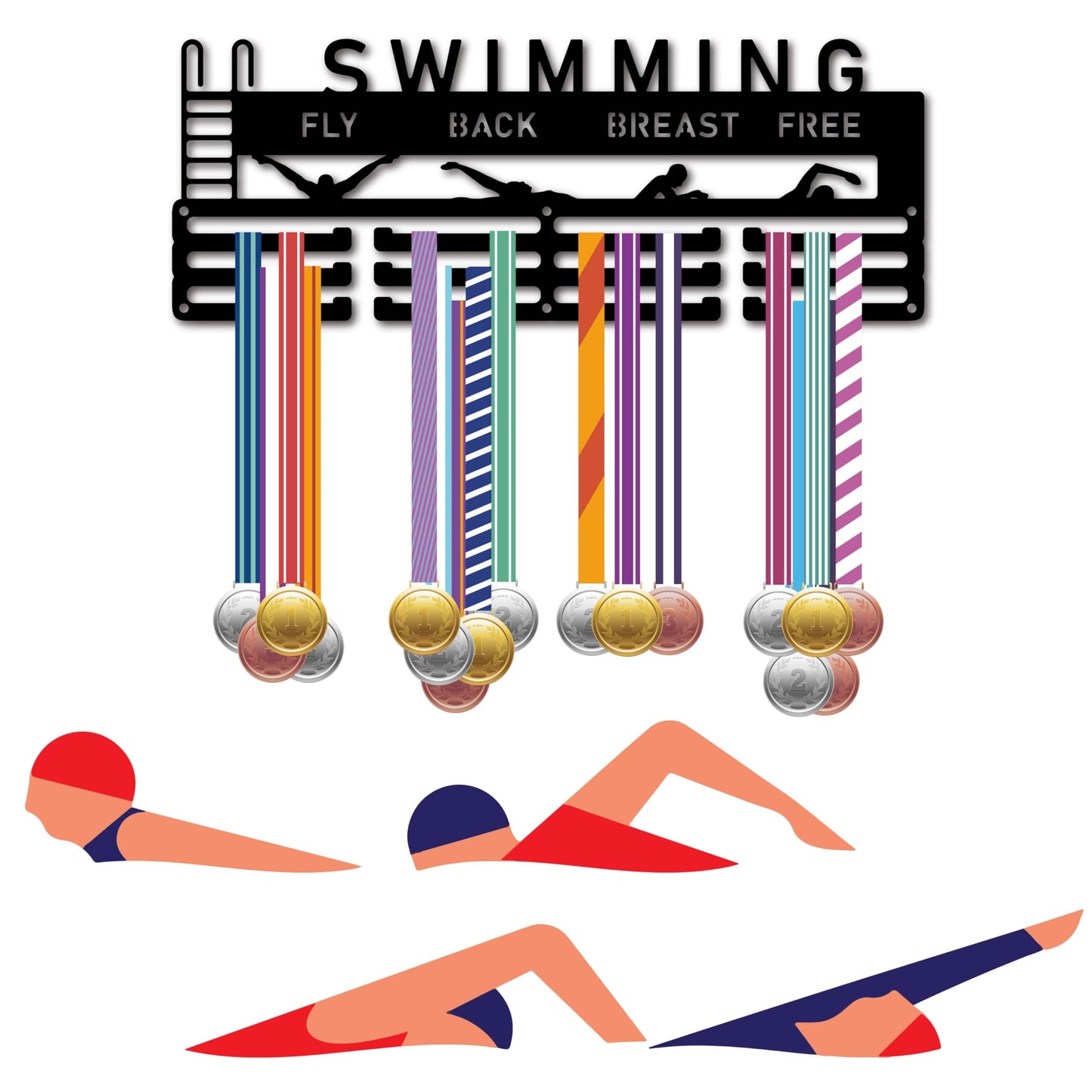 CREATCABIN Swimming Medal Holder Hanger Black Metal Iron Medal Rack Organizer Medal Stand Frame Hanging Over 60 Medals Wall Mounted Hanger for Dancer Ballet Runner 15.7 x 6Inch-Fly Back Breast Free