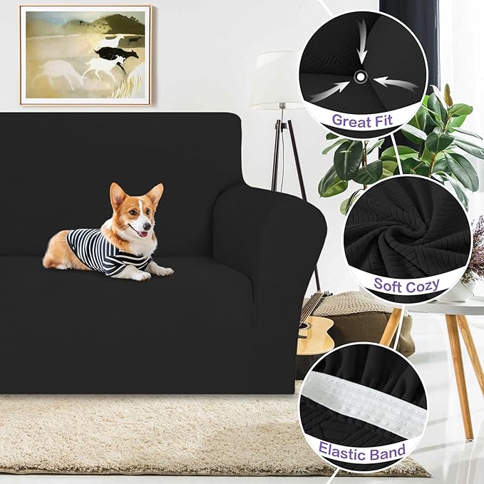 ZNSAYOTX Super Stretch Loveseat Covers (57"-70"), New Striped Love Seat Slipcover, Dogs Pet Friendly Anti-Slip Couch Protector Spandex Durable 2 Seater Fabric Sofa Cover (Black, Loveseat)