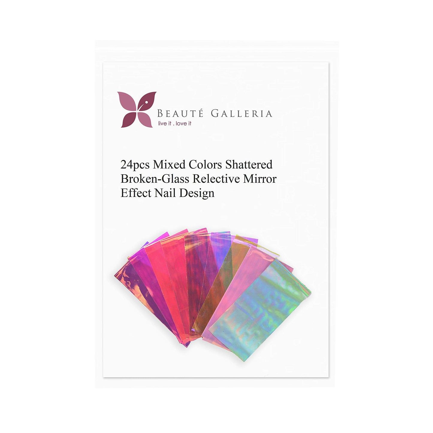 Beaute Galleria 24 Pieces Mixed Colors Nail Art DIY Holographic Shattered Broken-Glass Reflective Mirror Shard Effect Rainbow Thin Iridescent Cellophane Films Foils