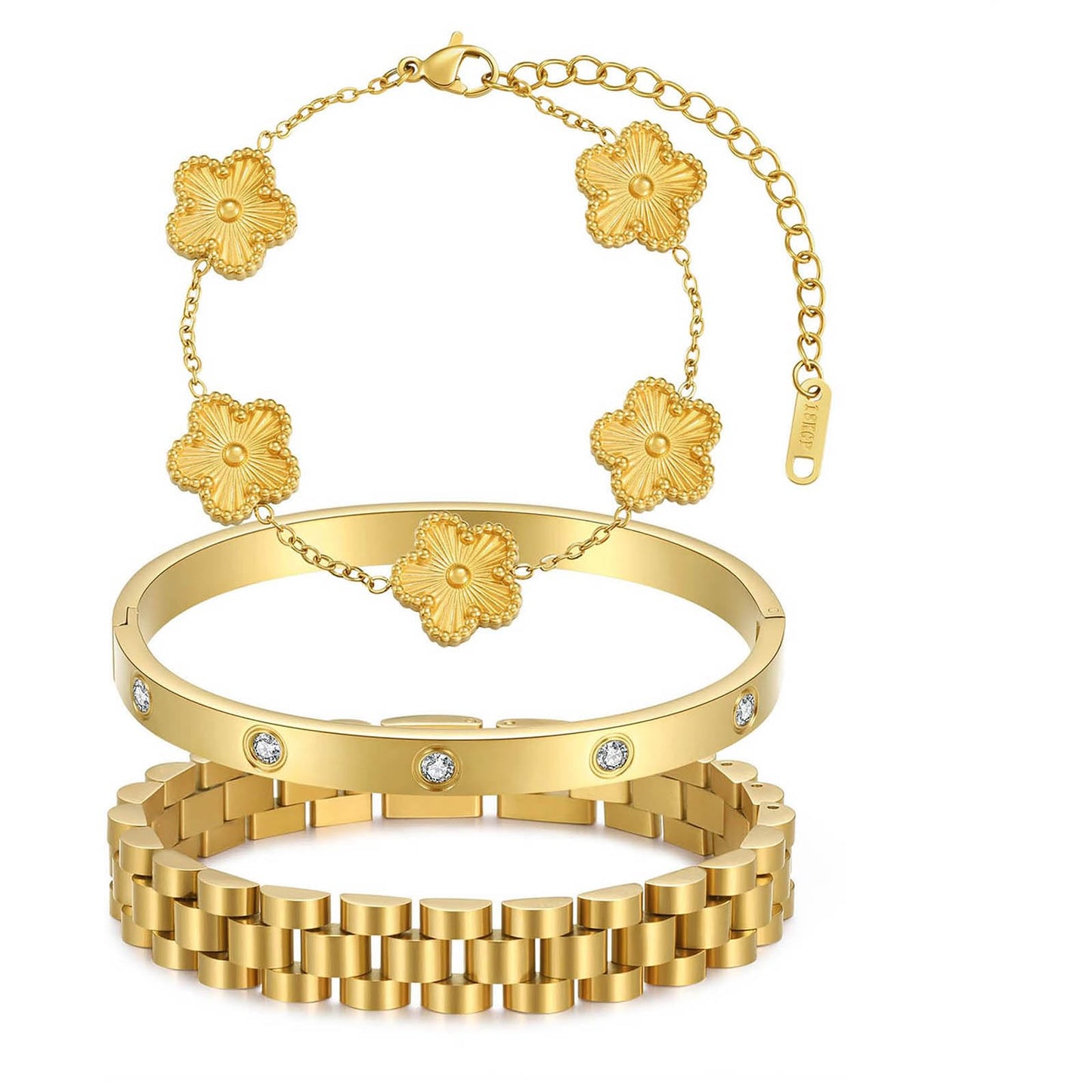 ISELBDR 2PCS 18K Gold Chain Link Bracelets for Women - Stackable Love & Friendship Theme Bangle Bracelet Set,Non-Tarnish Stainless Steel Jewelry with Adjustable Tool. (3pcs-Gold)