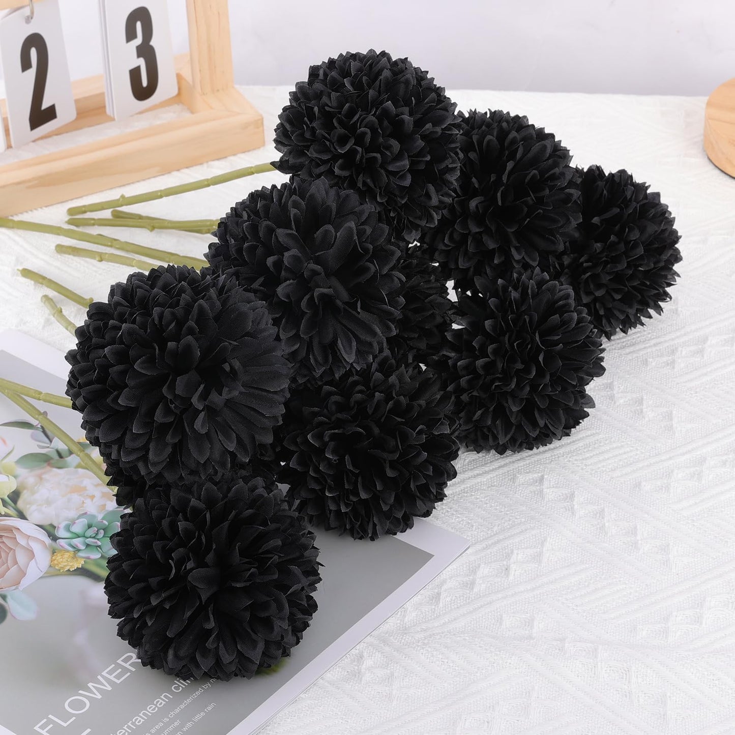 Rowfad 12 Pcs Black Artificial Chrysanthemums Flowers Silk Fake Mums Flowers for Halloween Ghothic Wedding Table Centerpiece Christmas Home Decor (12, Black)