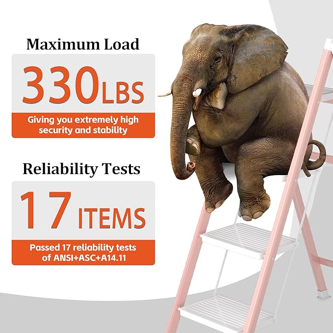4 Step Ladder, Folding Step Stool with Anti-Slip Wide Pedal, Anti-Slip Feet, Sturdiest Steel Construction, Steel Ladder for Home and Office, Pink White