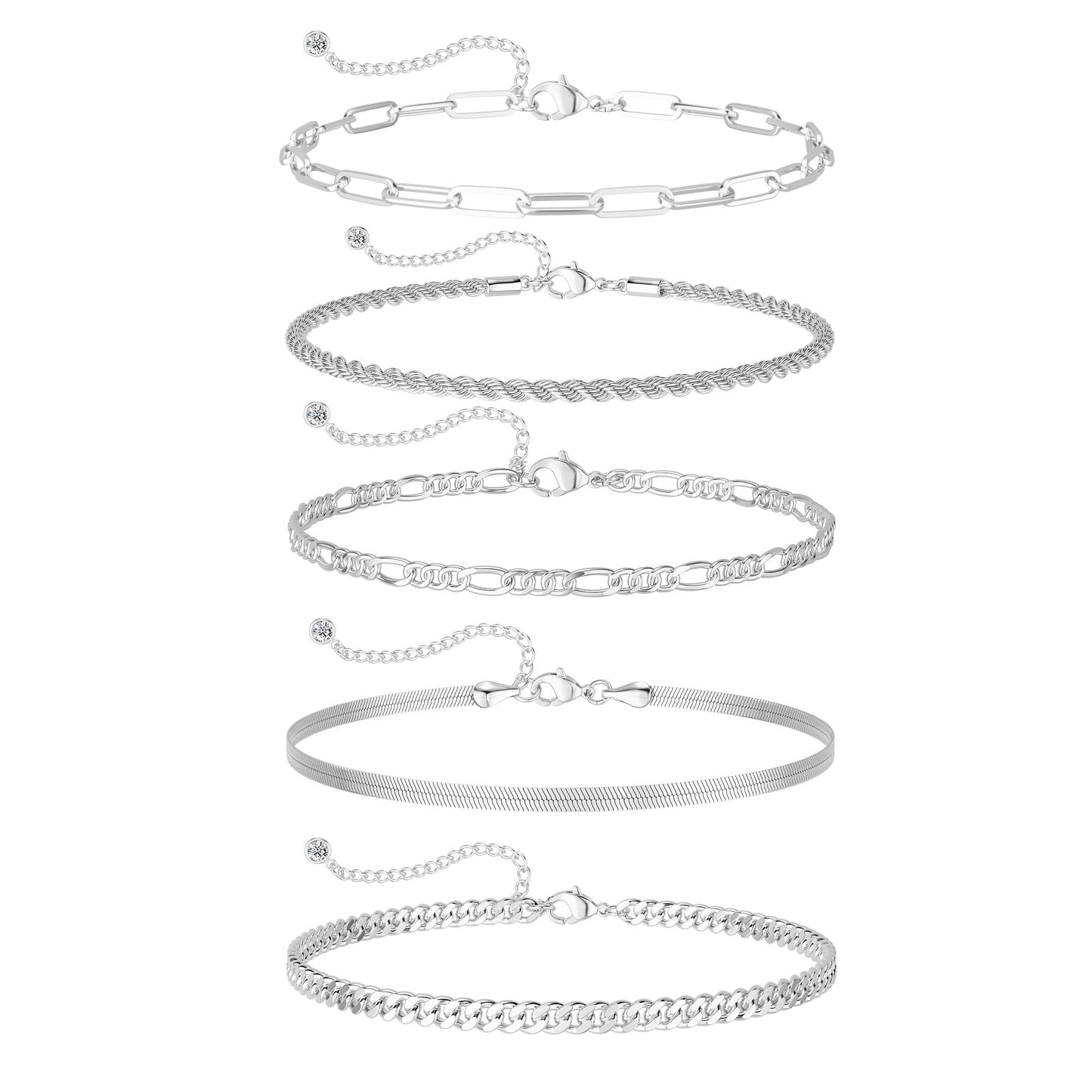 DEARMAY Silver Plated Chain Bracelets for Women Trendy Silver Jewelry Set Cuban Link Bracelets Figaro Paperclip Rope Herringbone Bracelet Pack Gifts