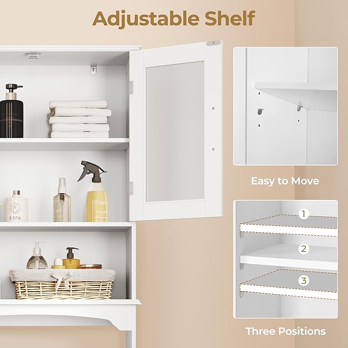 Yaheetech Over The Toilet Storage Cabinet with Double Tempered Glass Doors and Adjustable Shelf, Freestanding Bathroom Storage Rack, 66 Inches Height