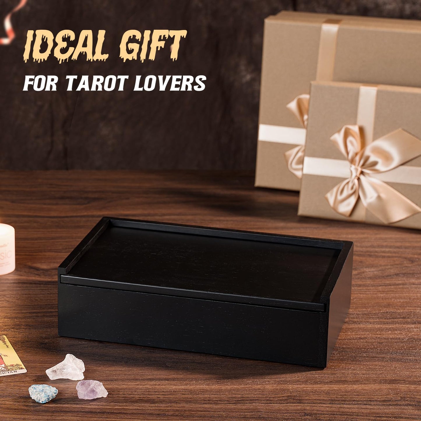 Emfogo Wooden Tarot Card Holder - Slide-Top Lid with 2 Card Slots Holds 8 Cards & Displays Crystals, Multi-Compartment Organizer for Jewelry, Trinket, Keepsake, Witchcraft Supplies (Black)
