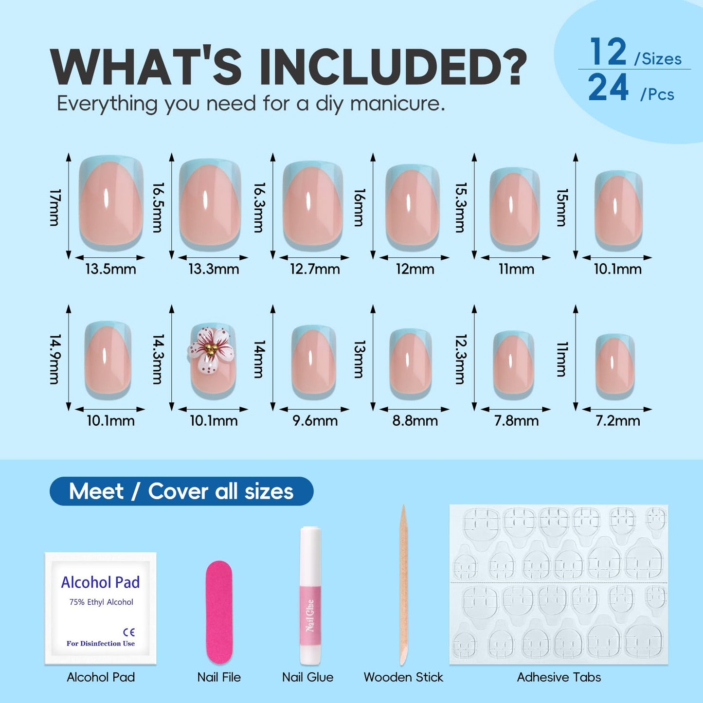 HOSAILY 3D Flower Press ons Nails Extra Short Square, Blue French Floral Spring Summer Daily Semi-Handmade Full Cover Stick on Nails for Women, 24Pcs Glossy Reusable Fake False Nails with Glue