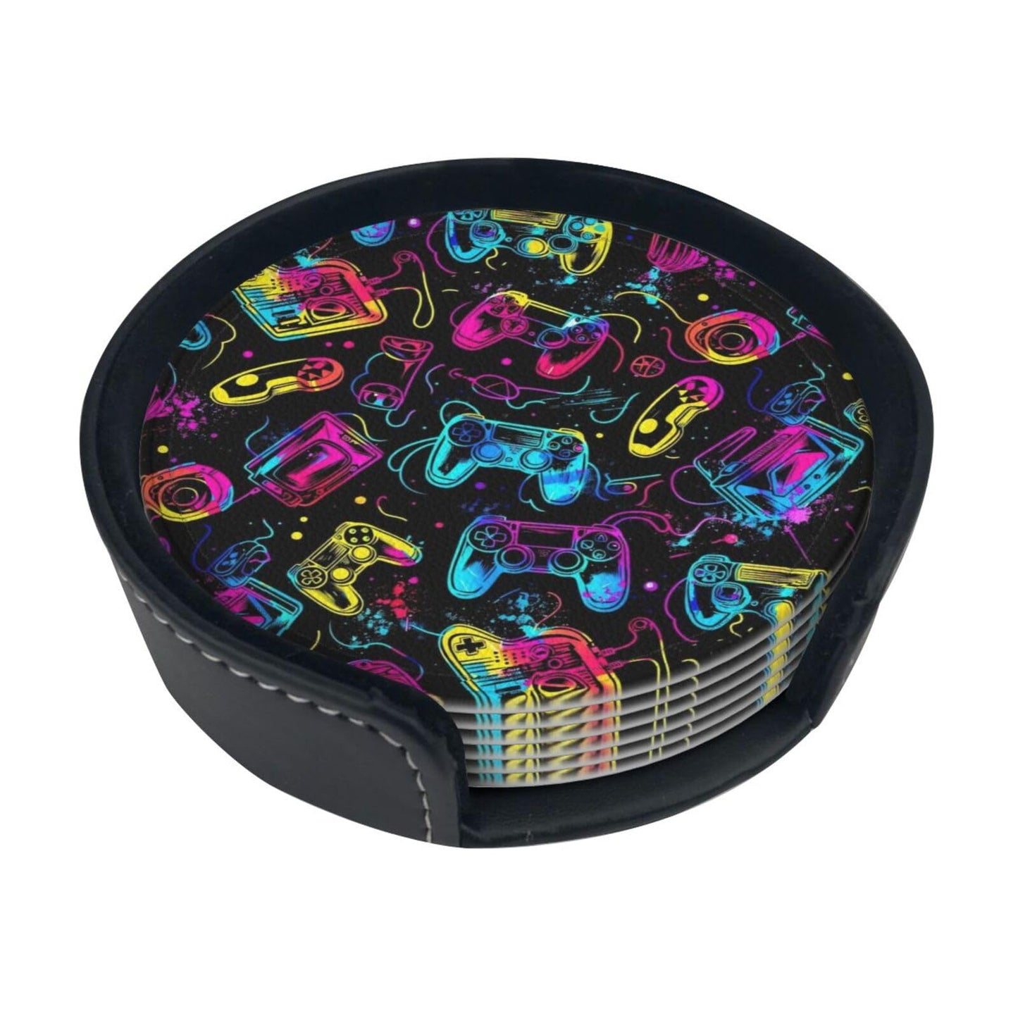 BOXIMIAO Drink Coasters with Holder Stand Set of 6, Bright Game Controller Pu Leather Absorbent Coasters with Cork Base Table Coaster Round Coasters for Housewarming Apartment Kitchen Bar Decor