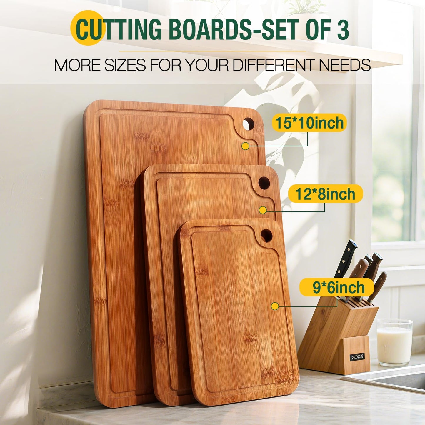 Deep-Carbonized Wood Cutting Board Set, HKKZYT 3 Pack Bamboo Chopping Boards for Kitchen with Side Handles, Charcuterie Board Juice Groove Knife-Friendly for Heavy Duty