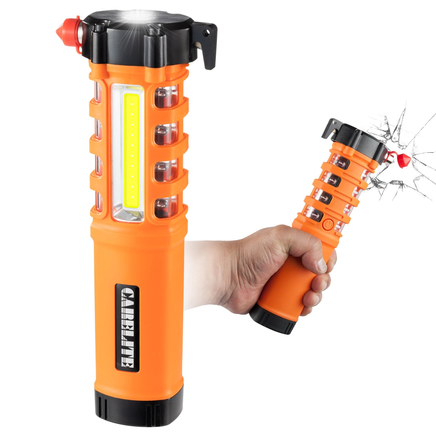 Emergency Car Flashlight with Seatbelt Cutter and Window Breaker, LED Work Light & Flash Beacon, Life-Saving Car Escape Tool for Roadside Safety (Orange)